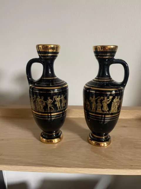 Pair of  Vintage Ornamental Greek Pottery Mini Urns/Jugs