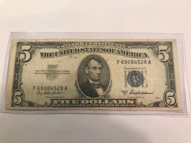 1953 A $5 Five Dollar Blue Seal Silver Certificate Note Bill US Currency