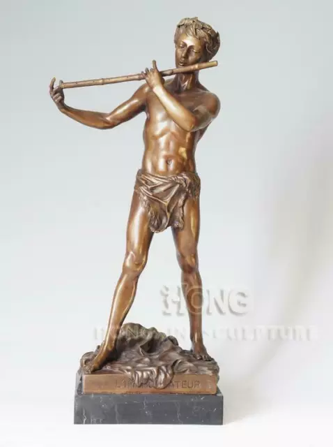 Tibetan Buddhism Art Deco Sculpture Man Boy Piper Play Pipe Bronze Statue