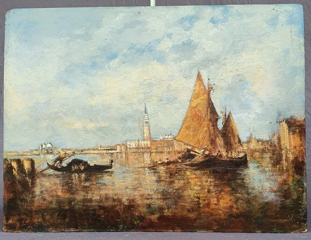Antique Painting Oil Panel View Venice SailBoats To Leopold Ziller Rare Old 20th