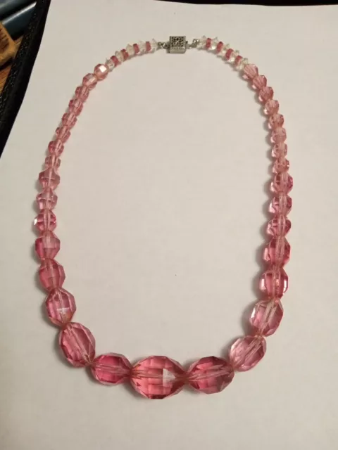 Vintage Graduated Pink Glass Beaded Sterling Silver Necklace