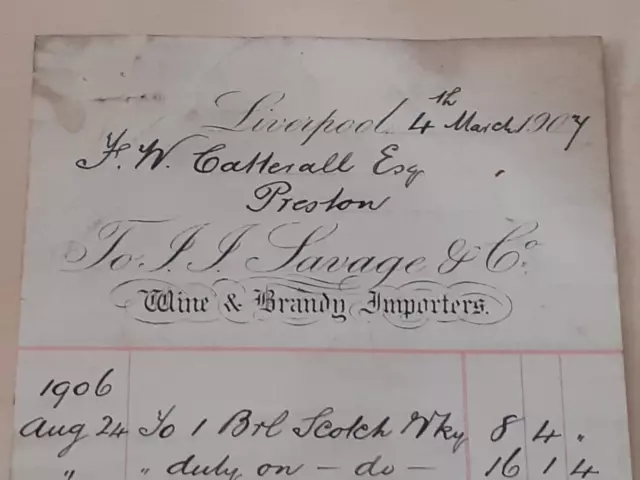 1907 Original Liverpool Billhead J.J.Savage Wine&Brandy Importers