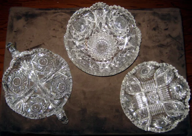 LOT 3 American Brilliant Period Cut Glass bowl relish Pinwheel Hobstar fan cut