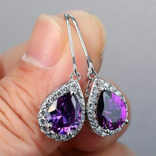 4.5Ct Pear Amethyst Purple Natural Women  Birthday Earrings 14K White Gold Plate