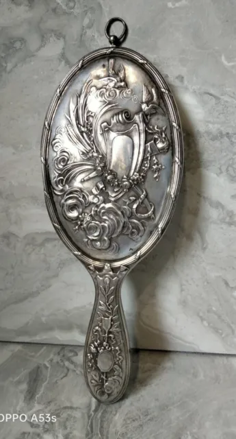 miroir face à main Argent Massif Décor Style Louis XVI , Poinçon Tête De Minerve