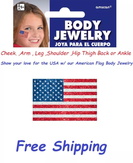 USA  Trump MAGA Patriotic 4th of July glitter Flag body face jewelry tattoo