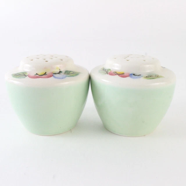 Vintage Hand Painted Green Floral 2" Ceramic Salt & Pepper Shakers Usa