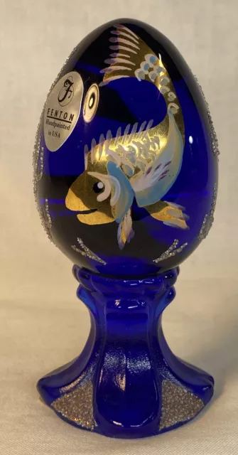 Fenton Art Glass Hand Painted Fish Accented In 22k Gold Trim Cobalt Egg  LIMITED 2