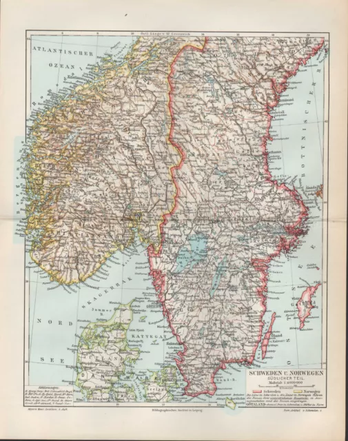 Landkarte map 1897: Schweden und Norwegen Südlicher Teil. Nordsee Ostsee