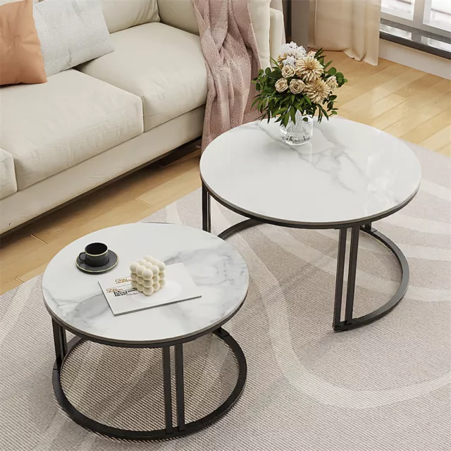 Set of 2 Nesting Sintered Stone Coffee Table Cocktail Table Round Sofa End Table