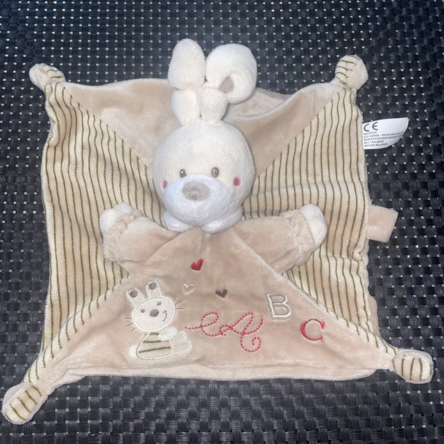 Ca4  Doudou Plat Carré Nicotoy Lapin Marron Abc Coeur  Rayé Tétine  23/23Cm