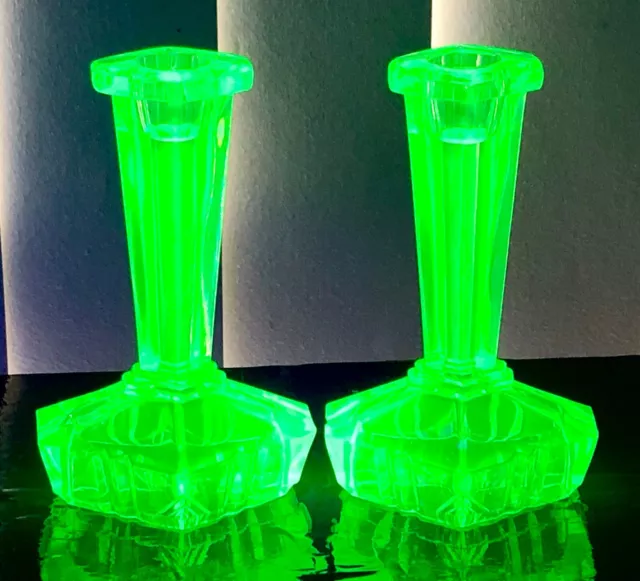 PAIR~VINTAGE 1930s ART DECO GREEN URANIUM~DEPRESSION GLASS CANDLESTICKS