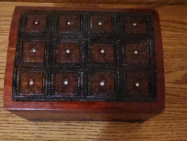 Vintage Wooden Hand Carved Jewelry Hinged Trinket Box Made in Poland
