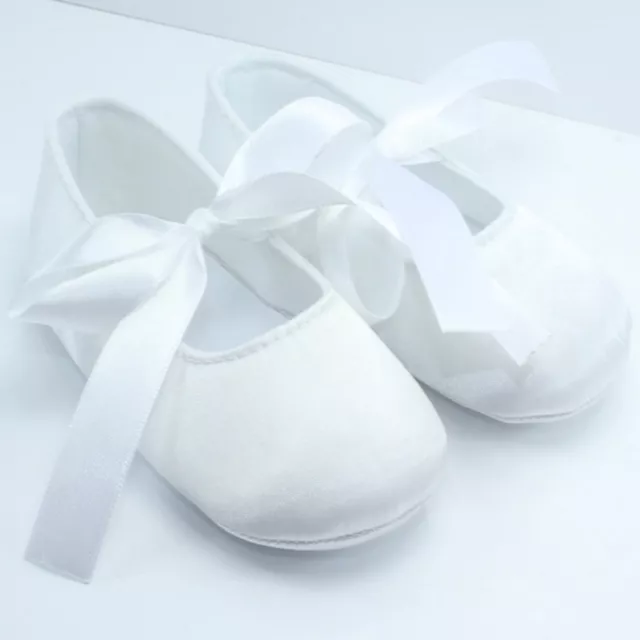 Baby Shower Girls Children Kids Christening Ballet White Satin / Lace Gem Shoes