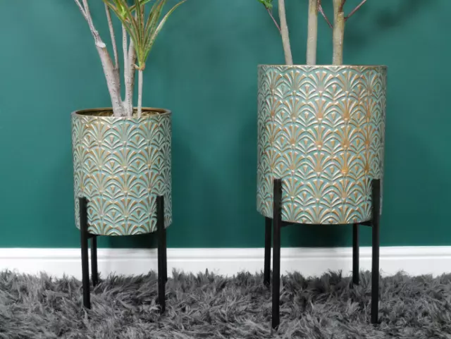 Large Gold Teal Metal House Plant Flower Pot on Stand Legs Indoor Planter Decor