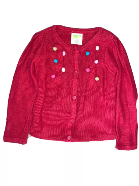 Crazy 8 Girls Red Cardigan Sweater Size￼￼ 4T Buttons And Colorful Pom-Poms￼