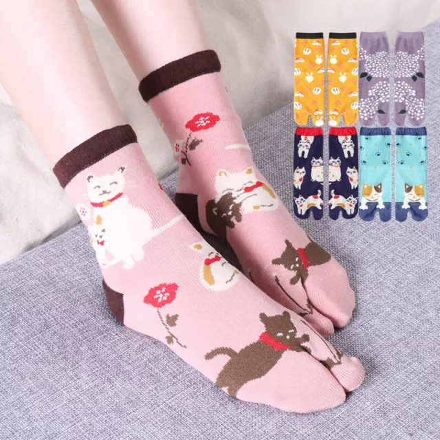 4 Pairs Lady Girls Cotton Two Toe Socks Lucky Cat Japanese Geta Socks Cute Soft 3