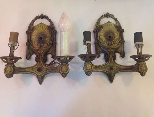 Vtg 1910's Pair Cast Iron Wall Light Sconces Electrified Lighting Grapes Sashes