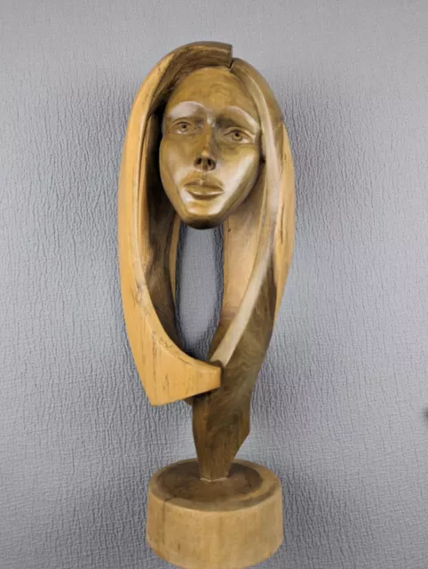 Beautiful Wood Hand Carved Bust of Woman 22" Tall Signed Art Sculpture