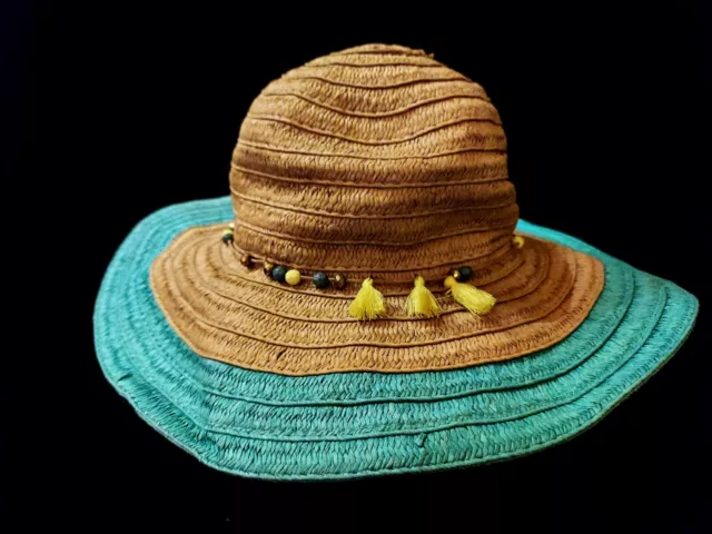 One Size Fits All Ladies Woven Straw Paper Floppy Sun Hat with Accents Teal