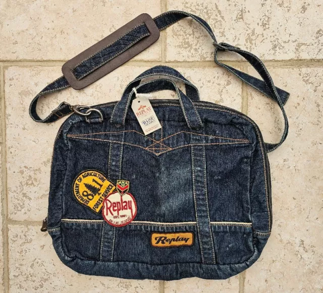 REPLAY DENIM BLUE Shoulder Bag Patch Logos Handles Zip Around