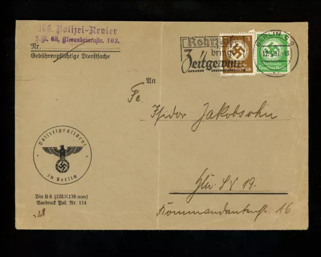 Postal History Germany #O80+O82 Police Station 1937 Berlin Local Use