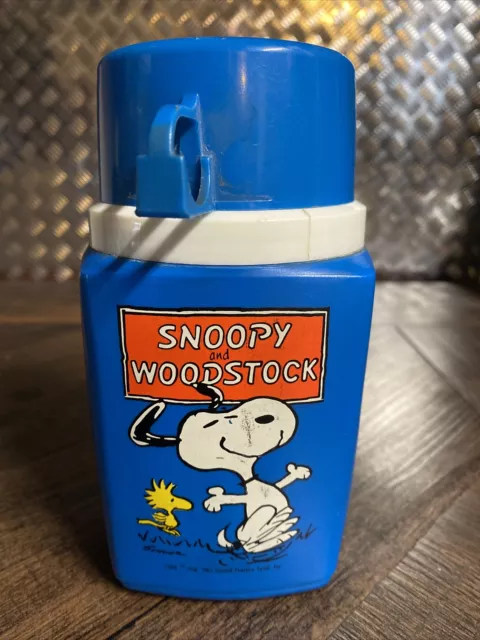 Vintage 1965 Peanuts Snoopy and Woodstock Blue Lunchbox Thermos With Pour Spout