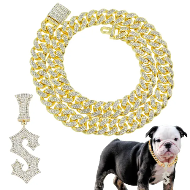 Letter S Trendy Cuban Pet Chain Necklace Shimmering Diamond Dog Collar