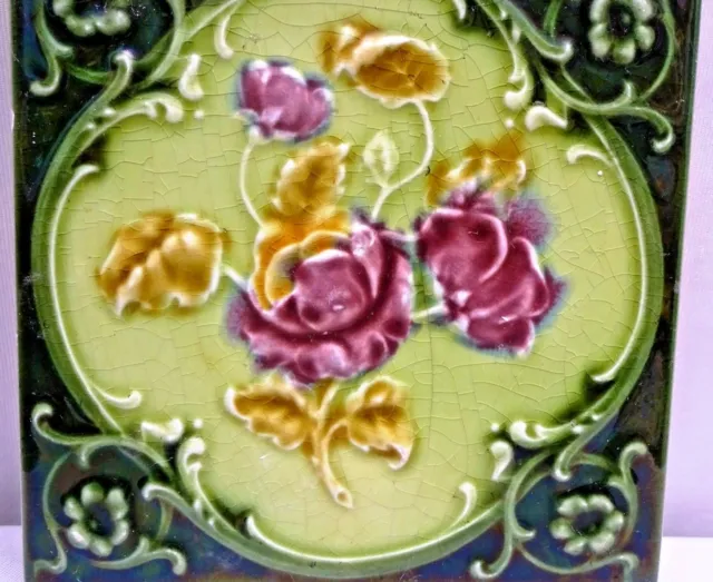 Antique Tile Majolica England Art Nouveau Ceramic Porcelain Purple Rose Old" 107 2