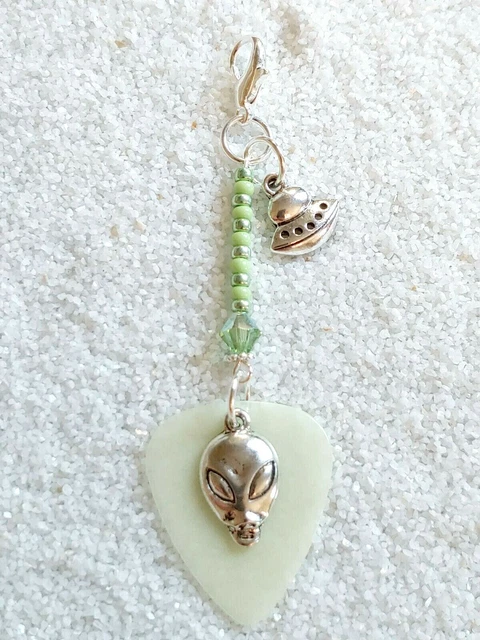 Alien UFO Crystal Beaded Clip On Charm Pendant GLOW IN THE DARK Purse Dangle