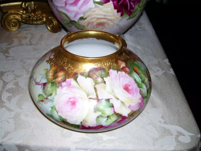 B & Co LIMOGES Porcelain Squat Vase; Multi Colored Roses; Raised Gold Paste