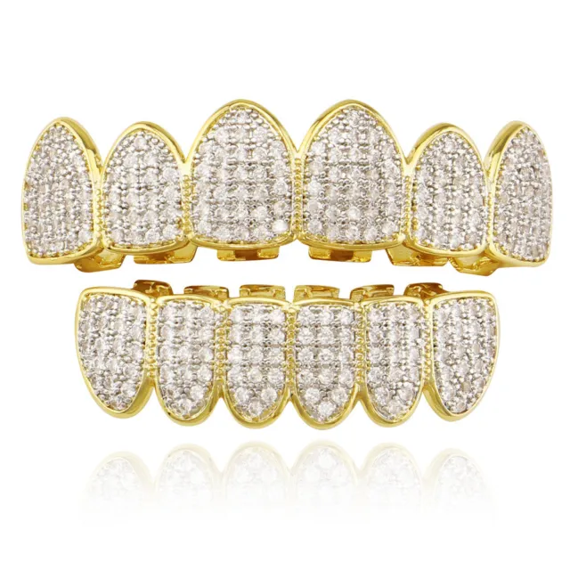 RAP Hip Hop Grills Full 5A+ CZ Top Bottom Set Teeth Grillz Gold Silver Plated