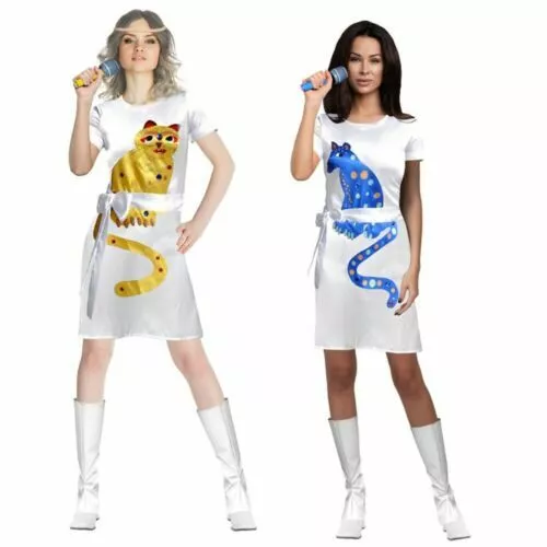 Abba Frida Agnetha Ladies 80s Costume Yellow Or Blue Cat Dress Dancing Queen