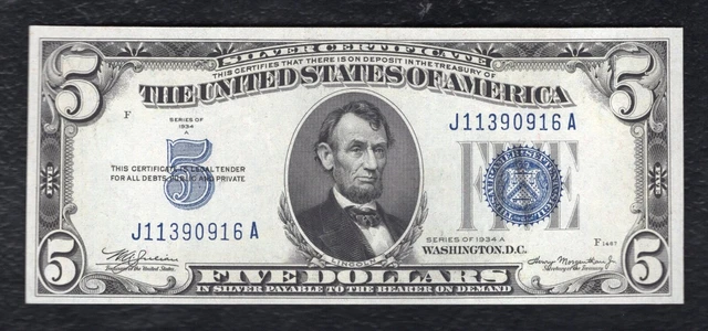 1934-A $5 Five Dollars Silver Certificate Currency Note Gem Uncirculated (B)