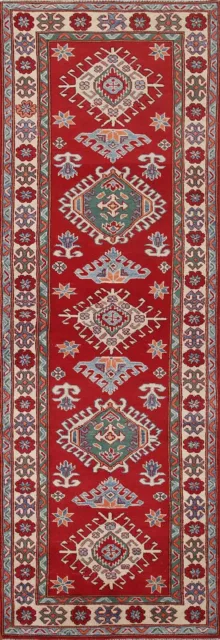 Alfombra geométrica de corredor estrecho súper kazajo roja/marfil 3'x10' hecha a mano