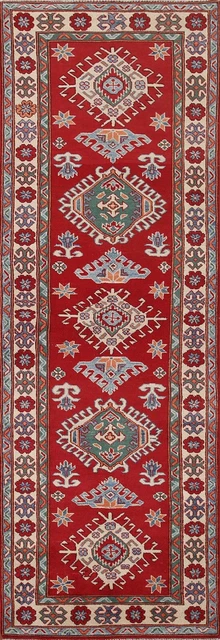 Alfombra geométrica de corredor estrecho súper kazajo roja/marfil 3'x10' hecha a mano