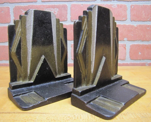 Art Deco SKYSCRAPER Stylized Geometric Cast Iron Pair Bookends Decorative Arts