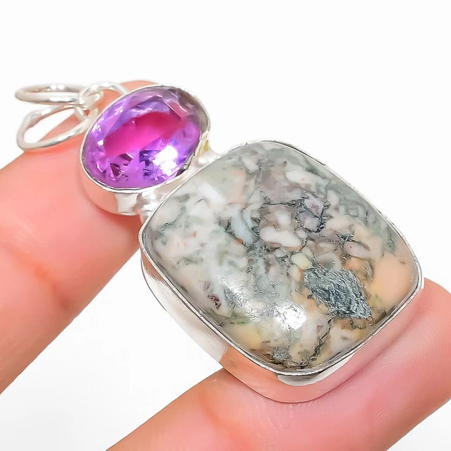 Tree Agate, Tourmaline Gemstone 925 Sterling Silver Jewelry Pendant 2.01"