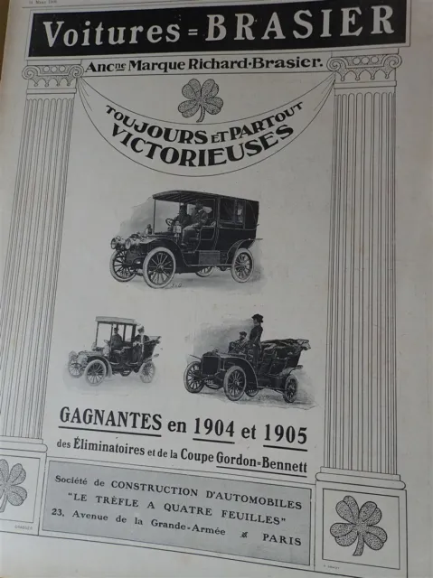 BRASIER automobile Coupe GORDON BENNETT publicité papier ILLUSTRATION 1906 col