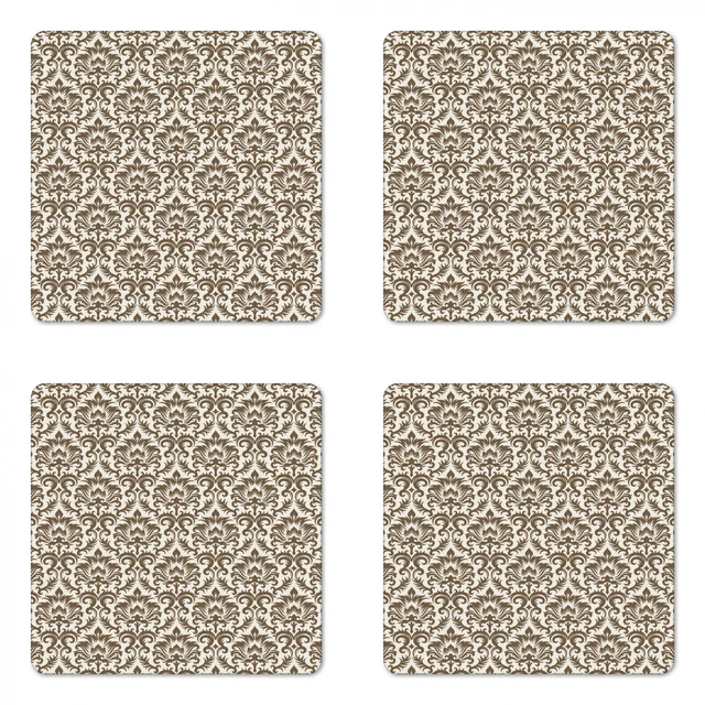 Ambesonne Damask Pattern Coaster Set of 4 Square Hardboard Gloss Coasters