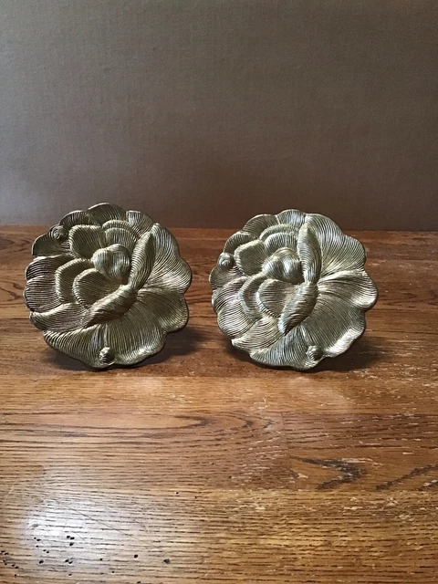 Pair Vintage Brass Curtain Holder Tie Backs 4.5" Round Lotus Flower Pattern