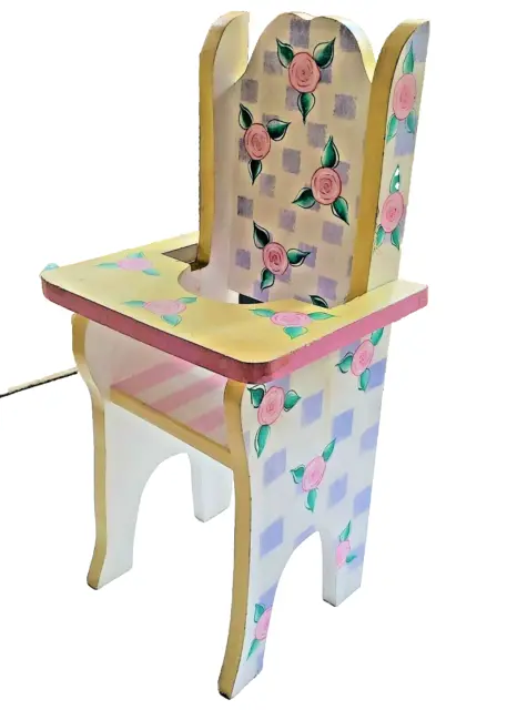 Wooden High Chair Child's Doll Plush Hand Painted Floral Checks Stripes  Country