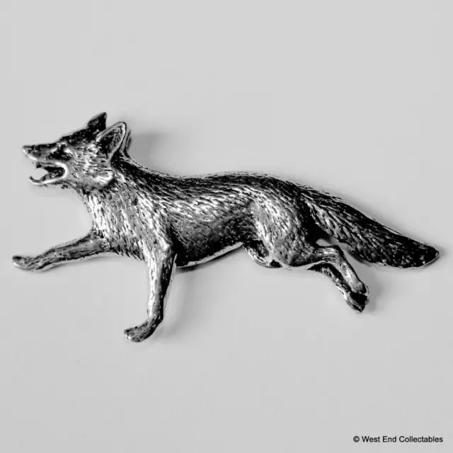 Running Fox Pewter Pin Brooch - British Hand Crafted - Dog Fox Wolf Hunting