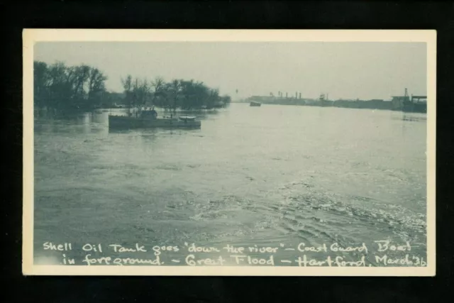 Disaster postcard Flood , Hartford, Connecticut CT 1936 Shell Oil Tank ship boat