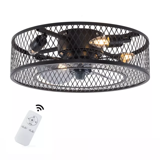 Ceiling Fan with Lights Black Iron 18 Inch Caged Adjustable 3 Wind Speeds Remote