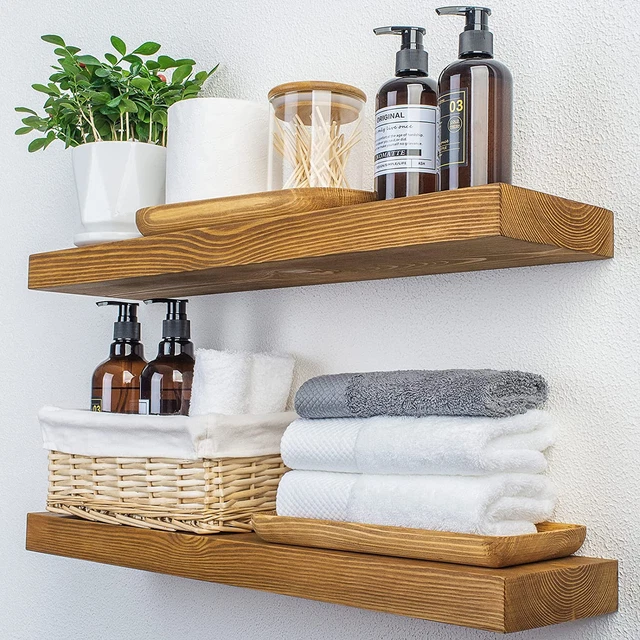 XWNE Wood Floating Shelves,24 Inch Rustic Wood Wall Shelves for Bathroom Living