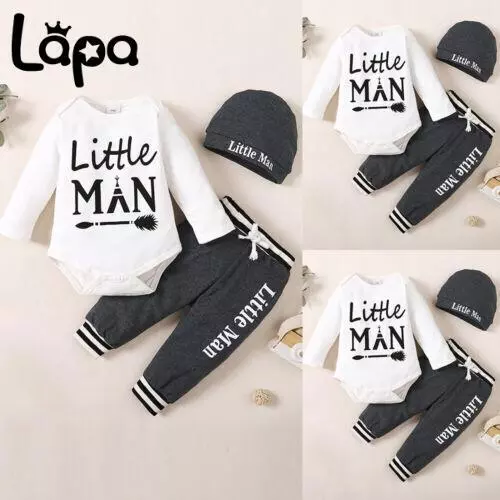 Newborn Baby Boy 3PCS Long Sleeve Tops Pants Hat Set Tracksuit Clothes Outfit UK