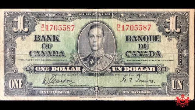 1937 Bank Of Canada 1$ Gordon/Tower R/L1705587 - F/VF - Major Tear Trend 17$