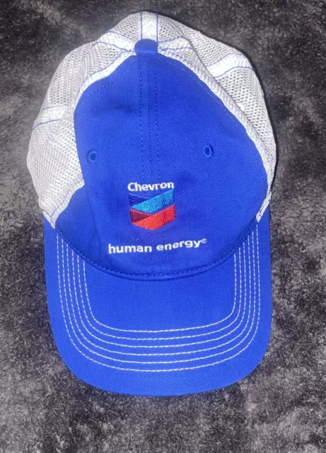 Chevron Gas Oil "Human Energy" Logo Mesh Back Trucker Hat Blue & White Cap