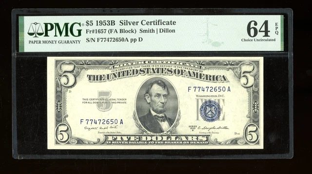 DBR 1953-B $5 Silver Fr. 1657 FA Block PMG 64 EPQ Serial F77472650A
